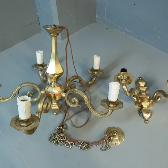 two cast brass light fittings - 5-bulb hanging ceiling fitting w/brass rose and matching 2-bulb wall sconce - marked