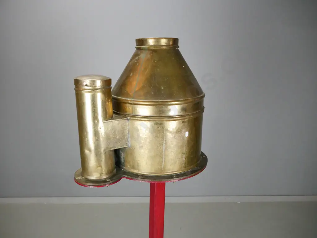 vintage brass ship's binnacle with compass and lantern housing, mounted to red painted metal stand. Combined H-1370 Image 1++