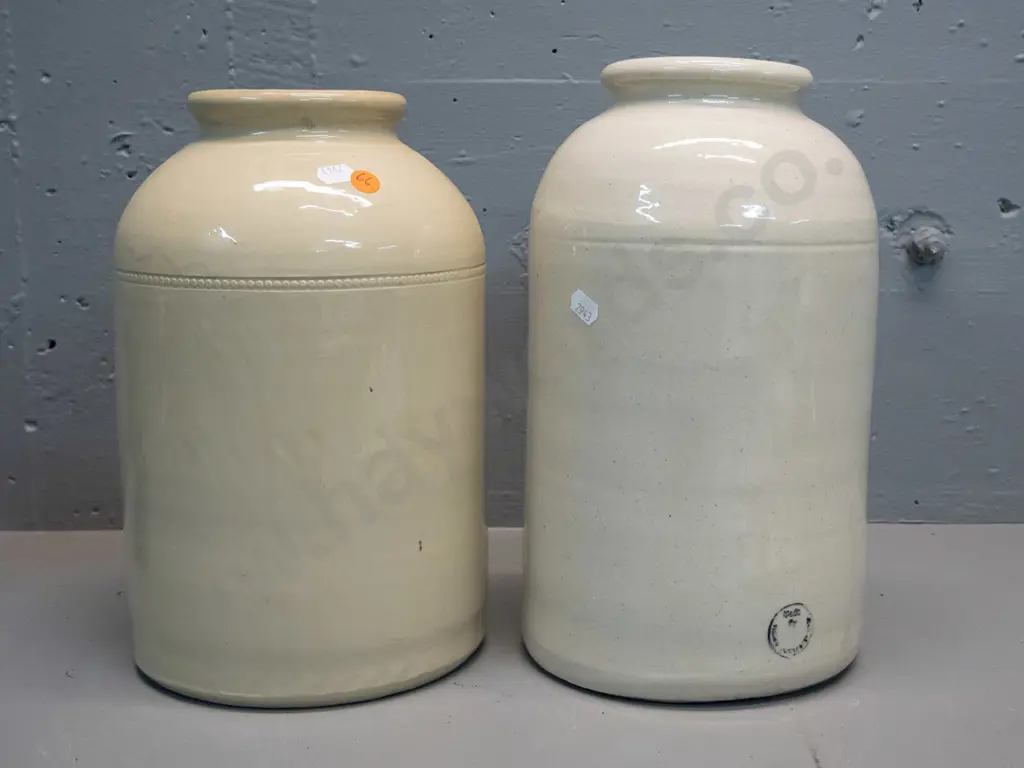 2 wide mouth crocks - one marked Temuka Potteries on base H-290 D-170 other has unclear mark (Timaru?) Image 1++