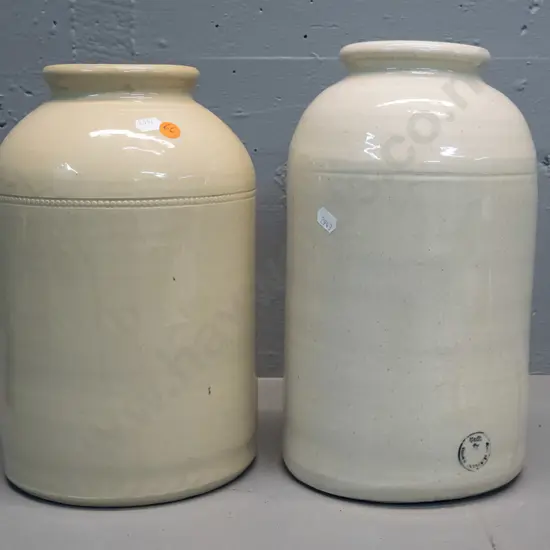 2 wide mouth crocks - one marked Temuka Potteries on base H-290 D-170 other has unclear mark (Timaru?)