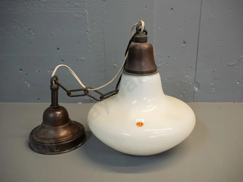 vintage deco style pendant light fitting with milk glass shade - copper finish patina, minor pitting H-300 D-260 Image 1++