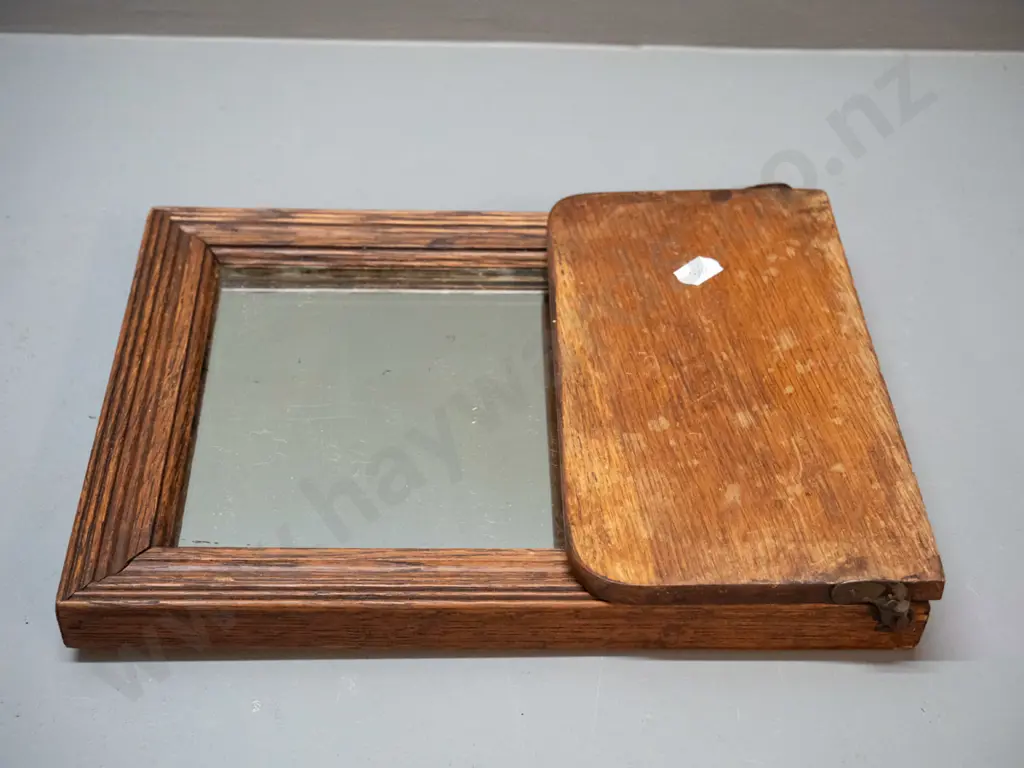 small wall hanging wood-framed mirror with flip-up hinged shelf H-260 W-210 Image 1++