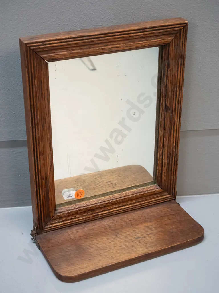 small wall hanging wood-framed mirror with flip-up hinged shelf H-260 W-210 Image 1++