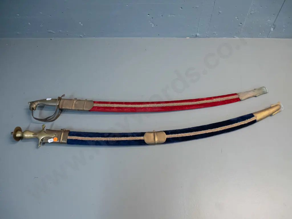 two reproduction Indian souvenir sabres with brass hardware and etched blades, velvet covered scabbards, longer one L970 Image 1++