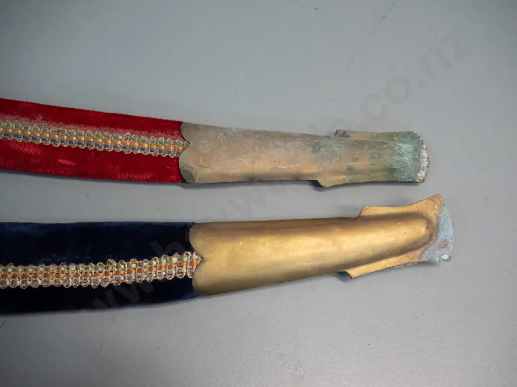 two reproduction Indian souvenir sabres with brass hardware and etched blades, velvet covered scabbards, longer one L970 Image 1++