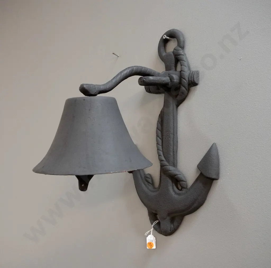 heavy cast iron wall mount bell on anchor shaped wall bracket - clapper somewhat stiff, has no cord H-400 W-250 Bell Image 1++