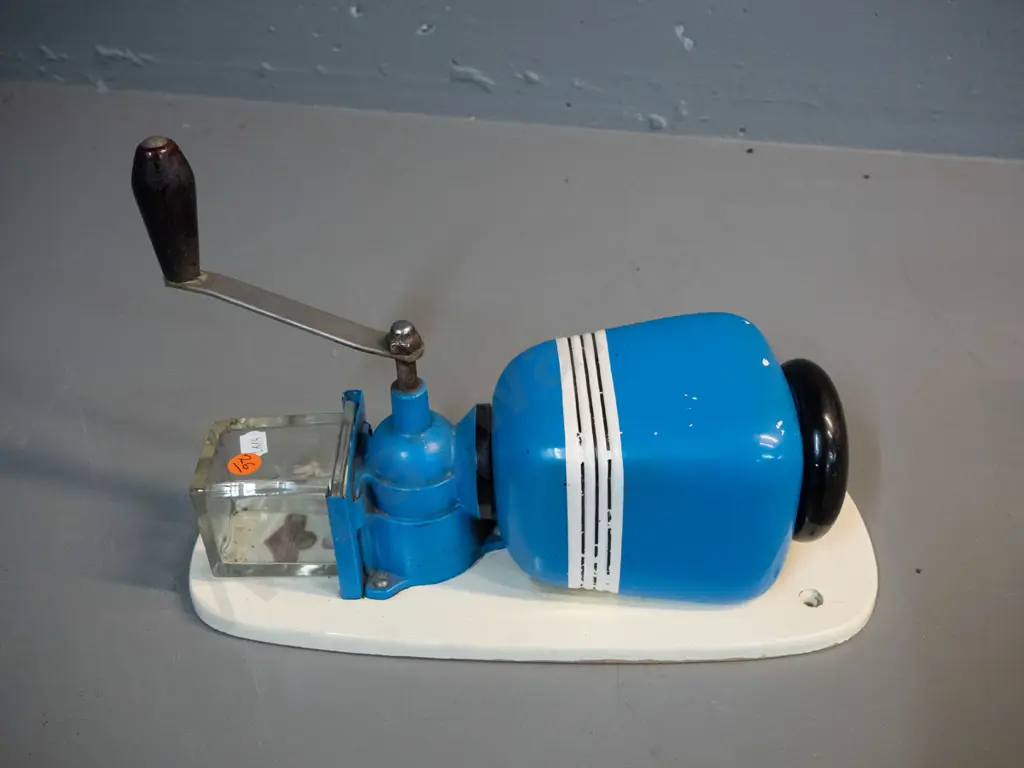 wall mount KYM German pottery blue and white coffee grinder on timber backing H-310 W-135 Image 1++