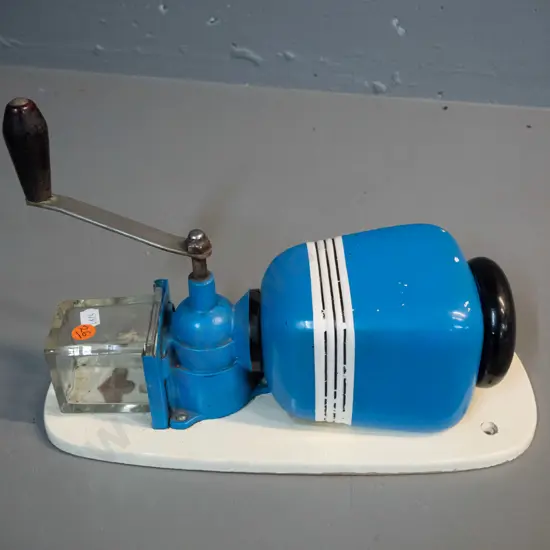 wall mount KYM German pottery blue and white coffee grinder on timber backing H-310 W-135