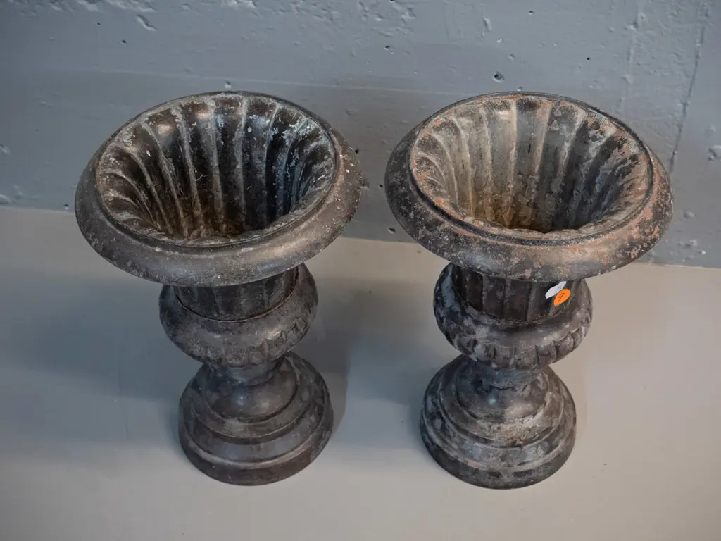 pair of cast iron planter urns with bronze colour finish, some rubbing / corrosion to surface H270 D190 Image 1++