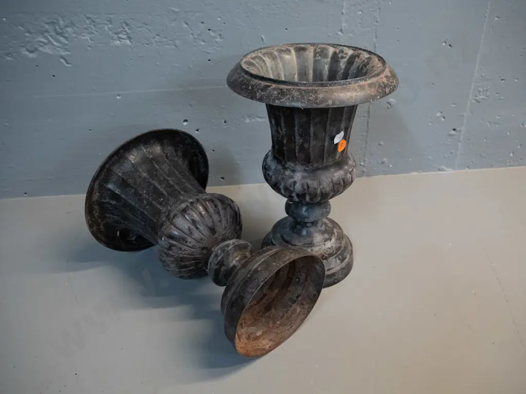 pair of cast iron planter urns with bronze colour finish, some rubbing / corrosion to surface H270 D190 Image 1++