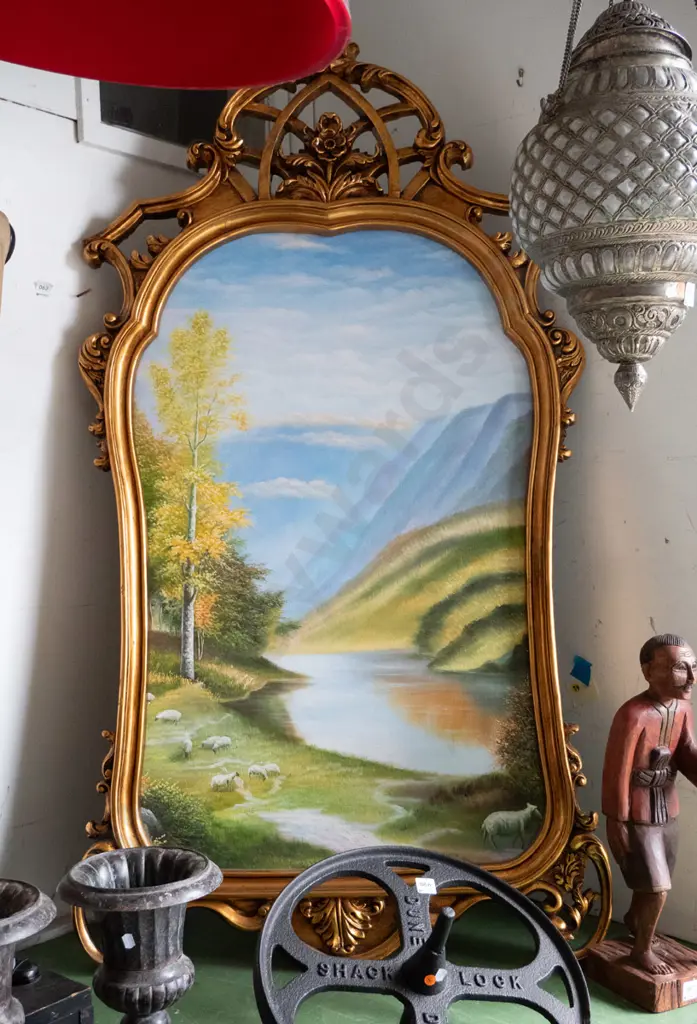 large ornate composite gilt framed oil on canvas - sheep grazing by lake Overall H-1400 W-770 Image 1++