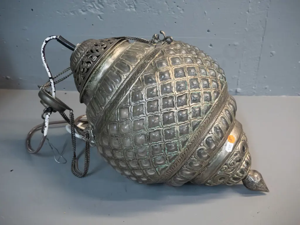 retro pierced metal and clear moulded glass hanging light fitting with journal and fitting H-430 D-270 Image 1++