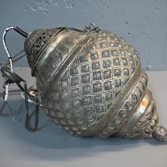 retro pierced metal and clear moulded glass hanging light fitting with journal and fitting H-430 D-270