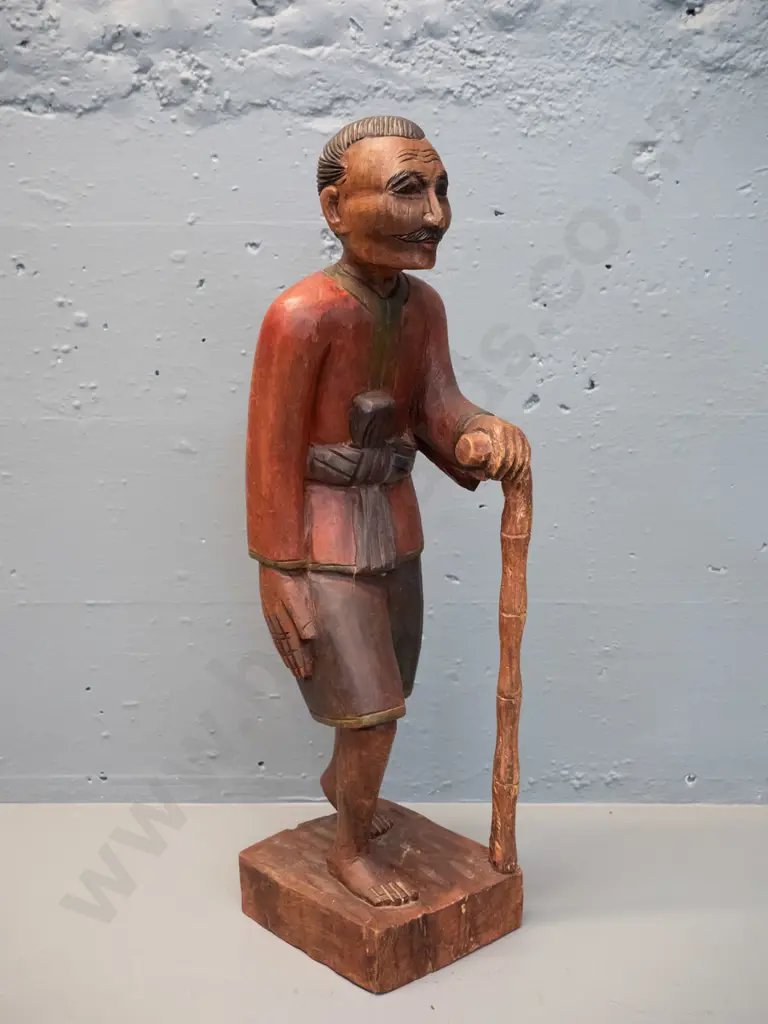 Chinese carved timber figure of man with walking stick H-500 Image 1++