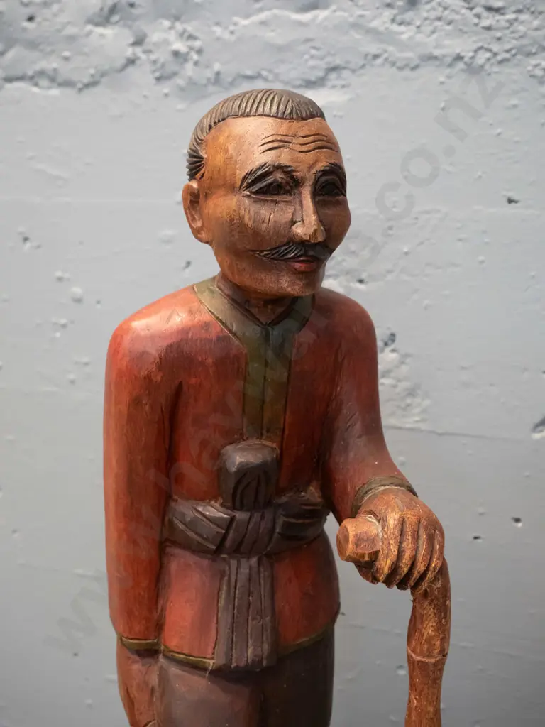 Chinese carved timber figure of man with walking stick H-500 Image 1++