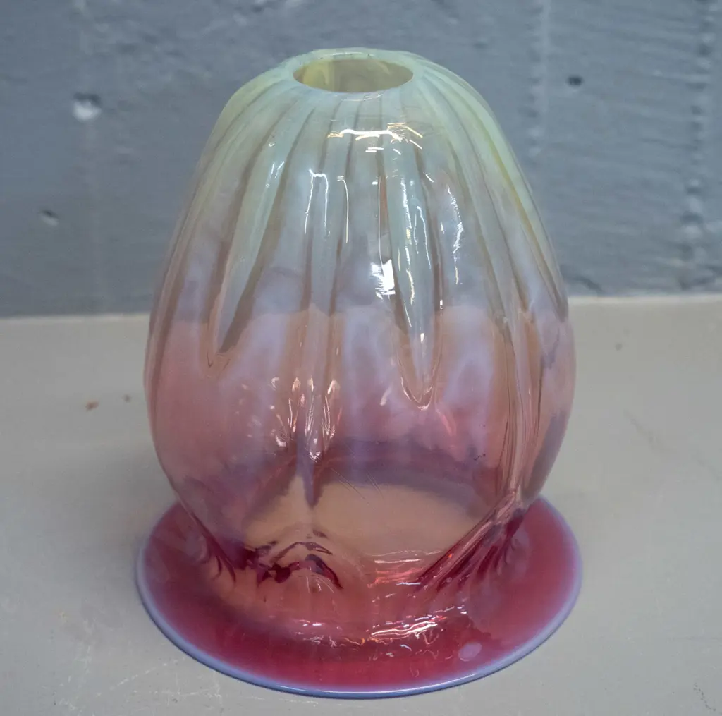 vintage lustre uranium fading to clear/cranberry glass light shade (top end glows under UV) H-140 D-120 at frilled rim Image 1++