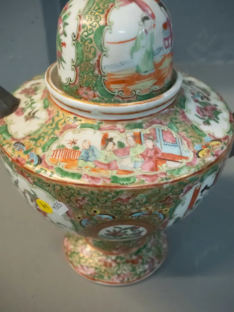 vintage large Chinese rose famille pattern teapot with pewter handle and spout H-290 L-300 handle to spout Image 1++