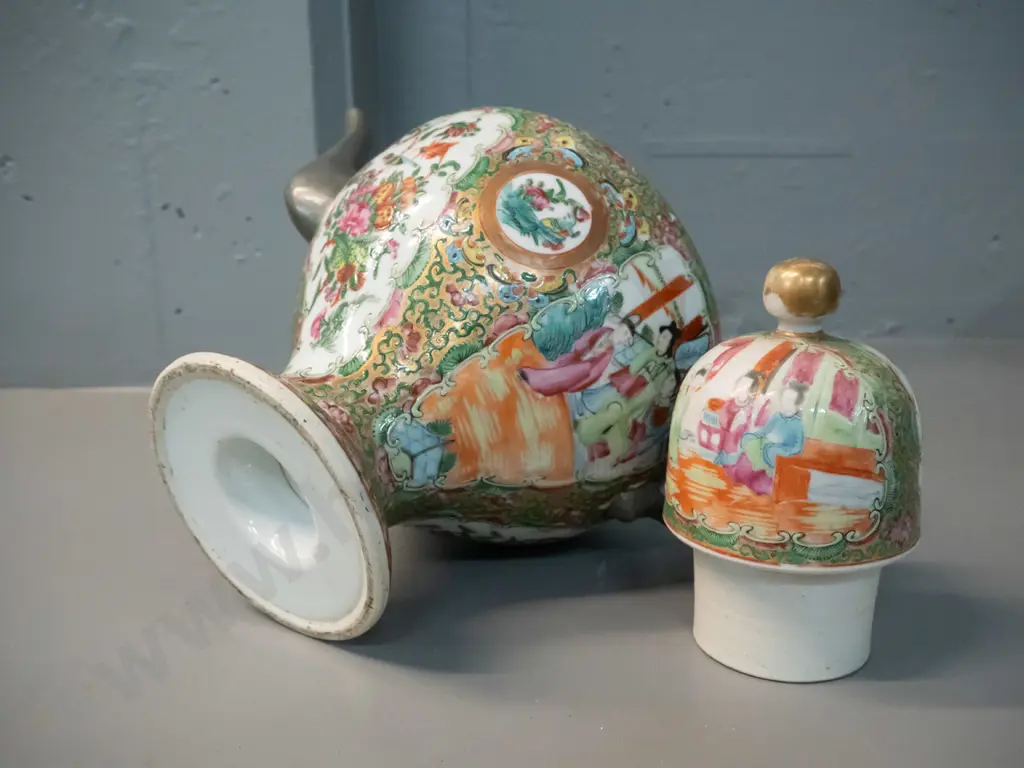 vintage large Chinese rose famille pattern teapot with pewter handle and spout H-290 L-300 handle to spout Image 1++