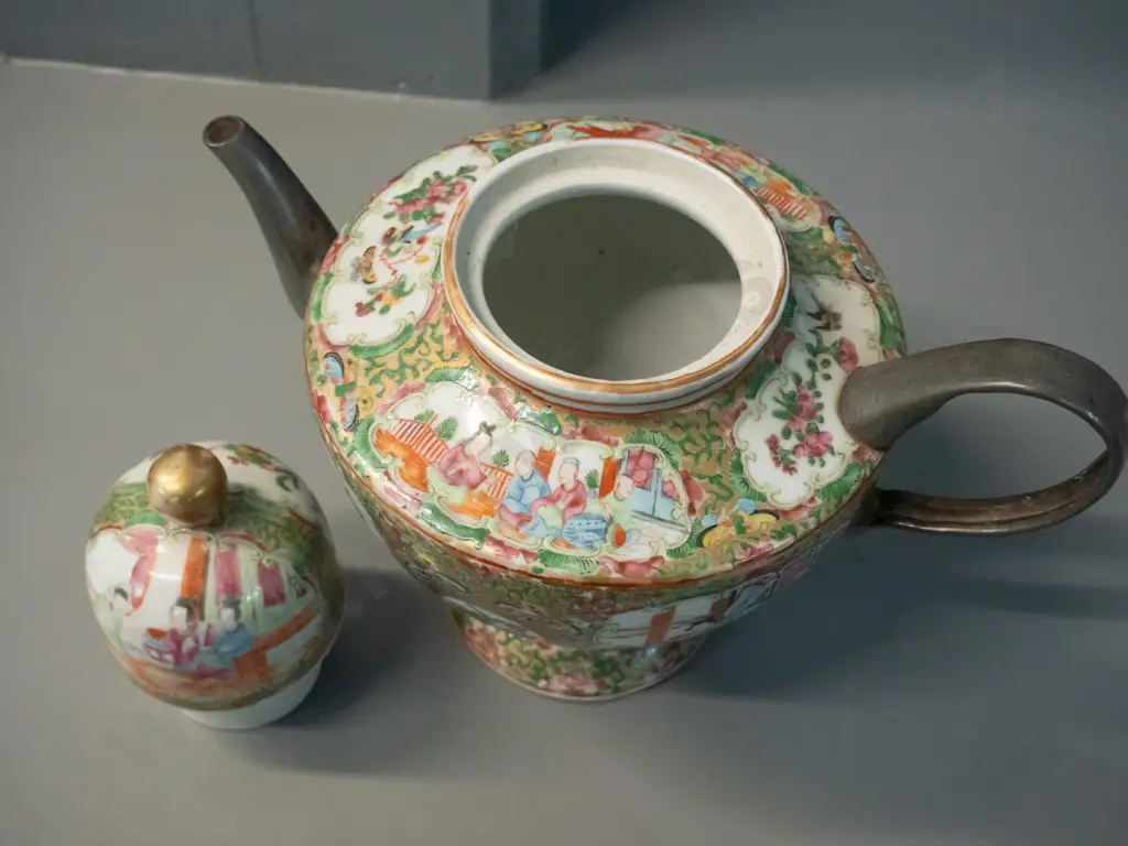 vintage large Chinese rose famille pattern teapot with pewter handle and spout H-290 L-300 handle to spout Image 1++