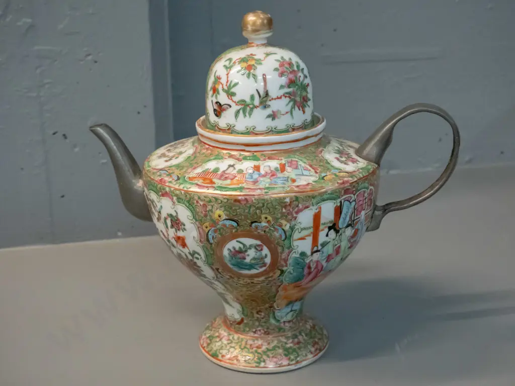 vintage large Chinese rose famille pattern teapot with pewter handle and spout H-290 L-300 handle to spout Image 1++
