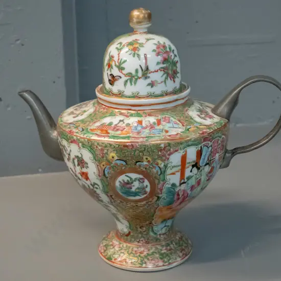 vintage large Chinese rose famille pattern teapot with pewter handle and spout H-290 L-300 handle to spout