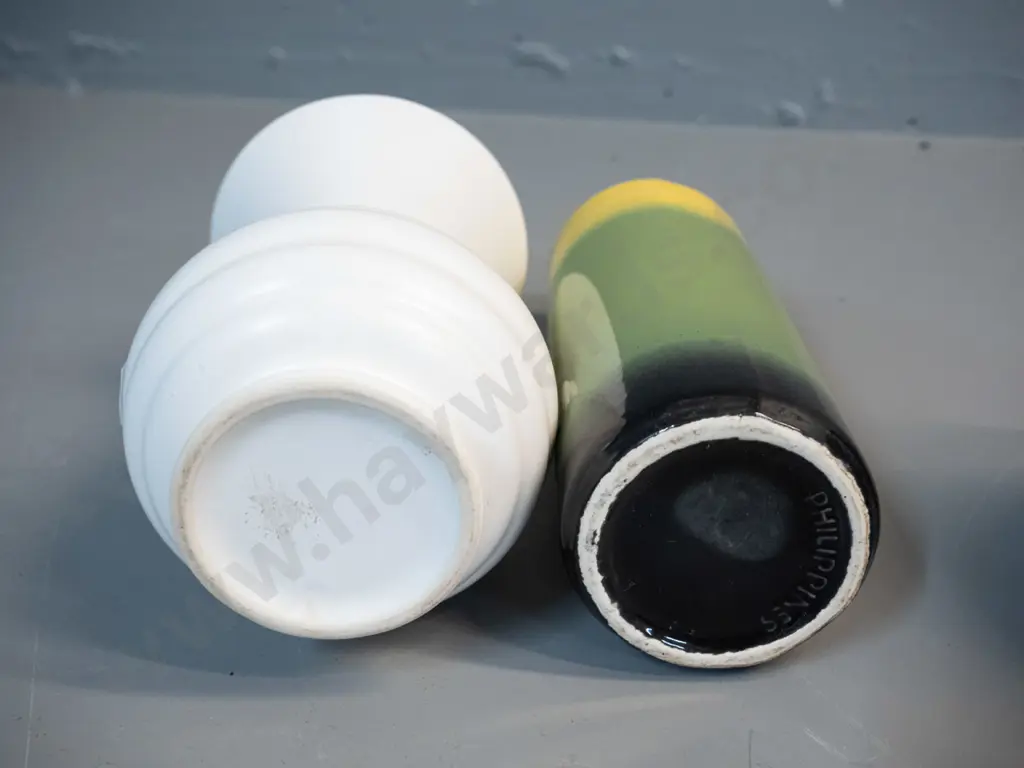 2 Crown Lynn vases - white urn marked 2086 and a brown, green and yellow marked Philippines H-200 Image 1++