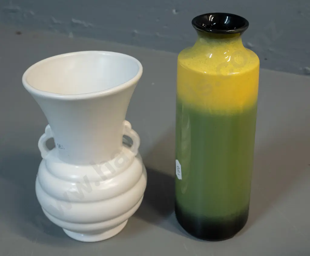 2 Crown Lynn vases - white urn marked 2086 and a brown, green and yellow marked Philippines H-200 Image 1++