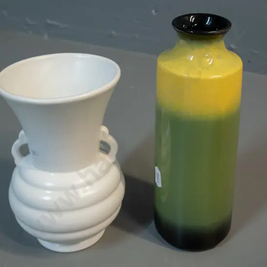 2 Crown Lynn vases - white urn marked 2086 and a brown, green and yellow marked Philippines H-200