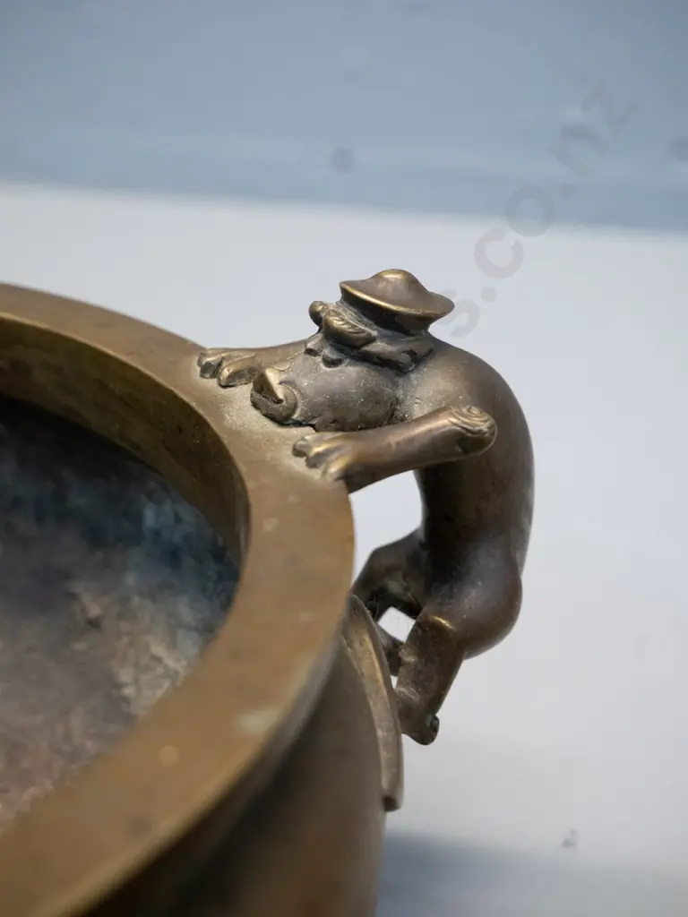 Chinese bronze censer / bowl with 3-lobed shape, mythical animal handles, with carved timber stand. Censer H-90 W-245, Image 1++
