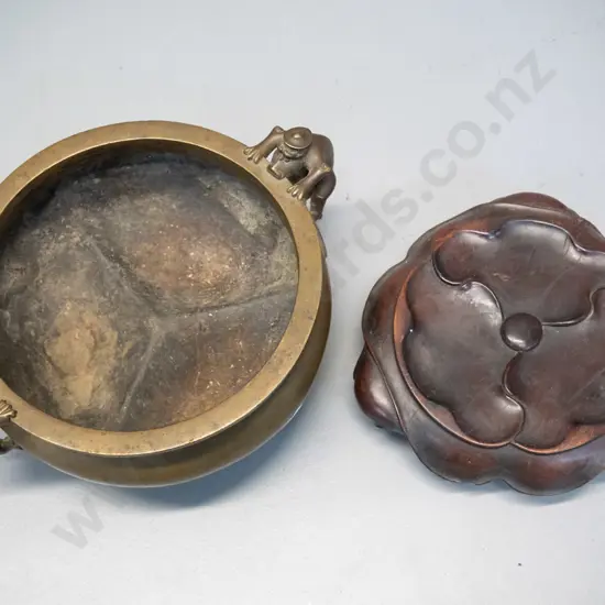 Chinese bronze censer / bowl with 3-lobed shape, mythical animal handles, with carved timber stand. Censer H-90 W-245,