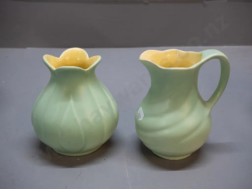 2 light green & yellow Crown Lynn items - jug H-135 (marked .51.) and vase (marked 87) Image 1++