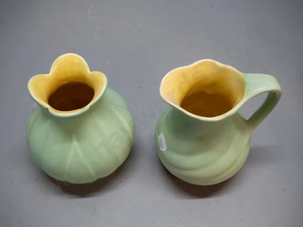 2 light green & yellow Crown Lynn items - jug H-135 (marked .51.) and vase (marked 87) Image 1++