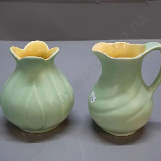 2 light green & yellow Crown Lynn items - jug H-135 (marked .51.) and vase (marked 87)