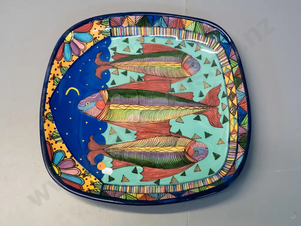 large New Zealand pottery multi coloured fish motif dish - see photo for maker's mark 345 x 345 Image 1++