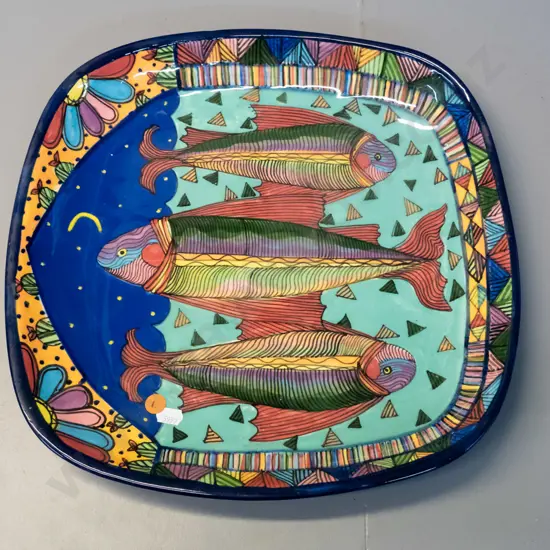 large New Zealand pottery multi coloured fish motif dish - see photo for maker's mark 345 x 345