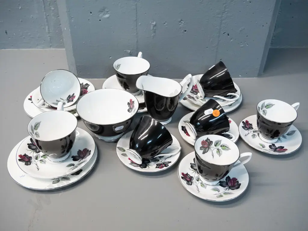 Royal Albert "Masquerade" pattern china - 3 trios, 4 coffee cups & saucers, cream and sugar Image 1++