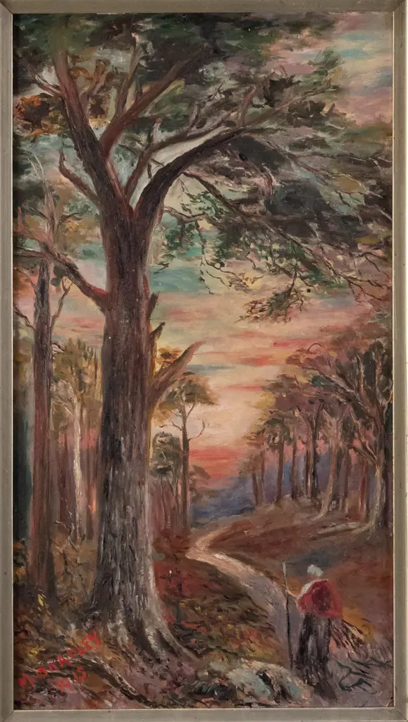 M Bradley 1915 - oak framed oil - person walking through trees H-400 W-220 Image 1++