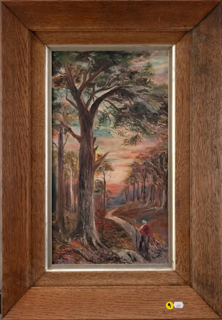 M Bradley 1915 - oak framed oil - person walking through trees H-400 W-220 Image 1++