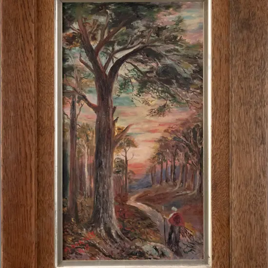 M Bradley 1915 - oak framed oil - person walking through trees H-400 W-220