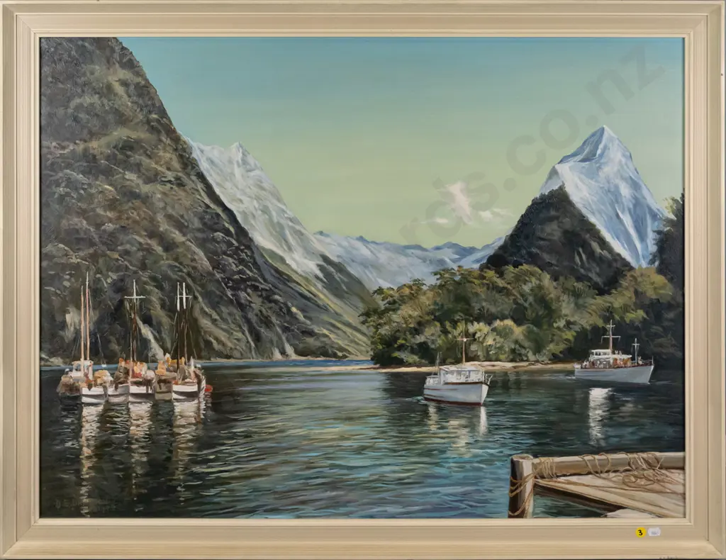 DE Davidson - 1979 framed oil "The Anchorage Milford Sound" H-660 W-880 Image 1++