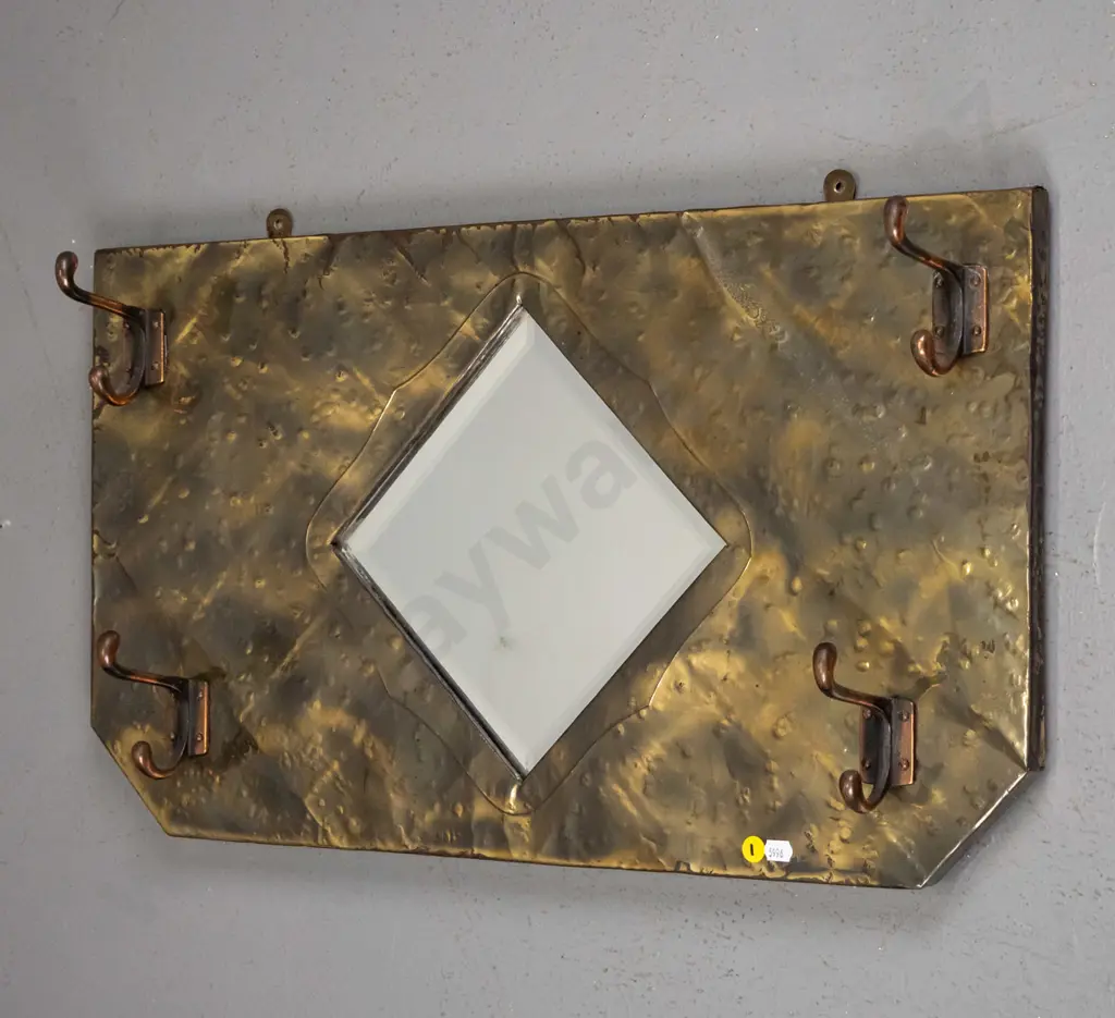 vintage pressed copper wall mounted coat hooks with bevelled mirror (slight wear to metal) H - 360 W - 640 Image 1++