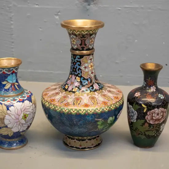 3 asian cloisonne vases - tallest is H-180 D-125