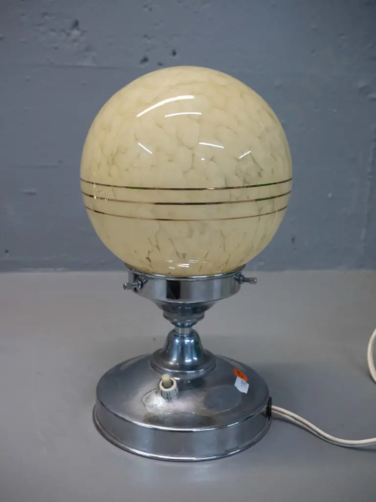 deco chrome table lamp with gilt striped mottled gold glass ball shade H-280 Shade D-160 Image 1++