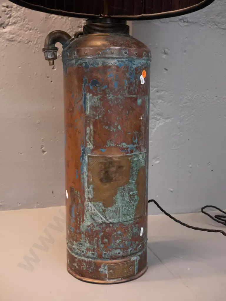 vintage Wormald copper and brass fire extinguisher turned into a lamp. W/black fabric shade, has aged patina finish, Image 1++
