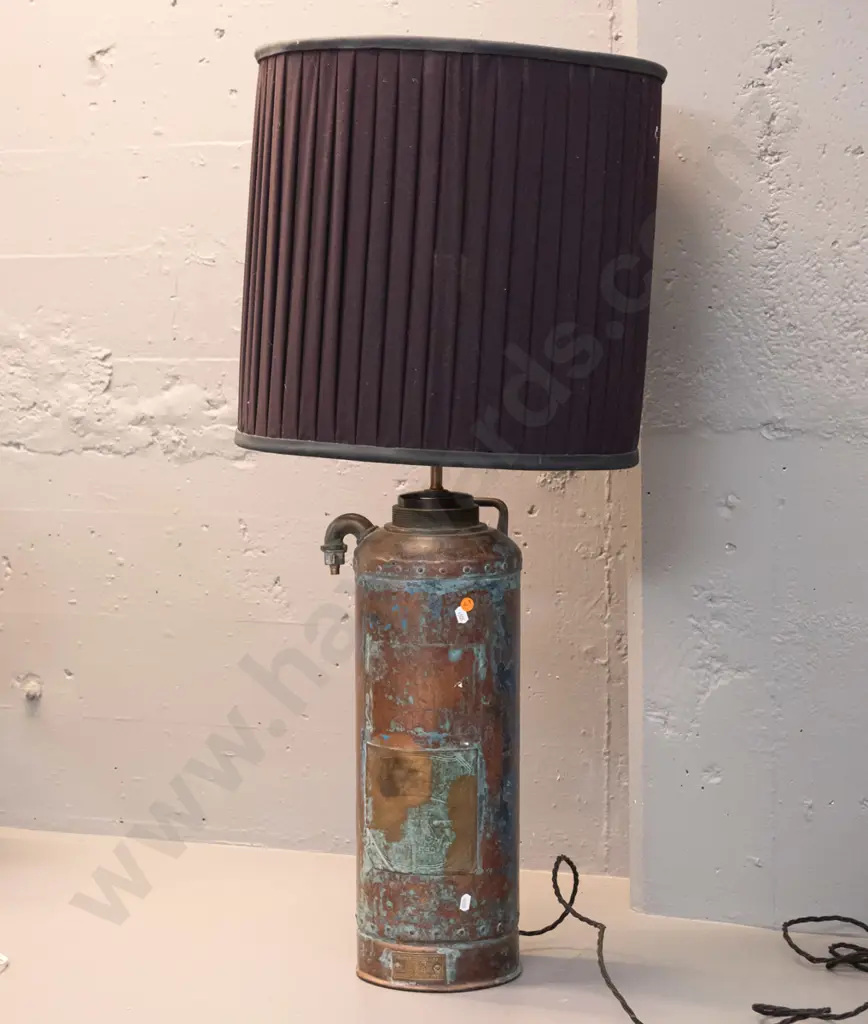 vintage Wormald copper and brass fire extinguisher turned into a lamp. W/black fabric shade, has aged patina finish, Image 1++