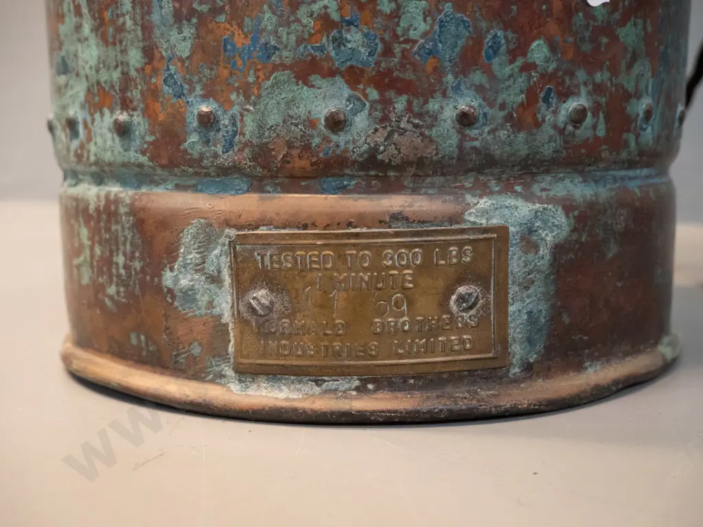 vintage Wormald copper and brass fire extinguisher turned into a lamp. W/black fabric shade, has aged patina finish, Image 1++