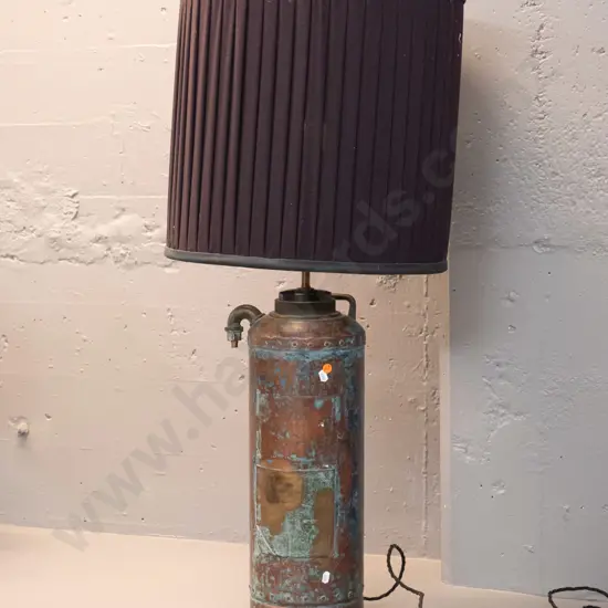 vintage Wormald copper and brass fire extinguisher turned into a lamp. W/black fabric shade, has aged patina finish,