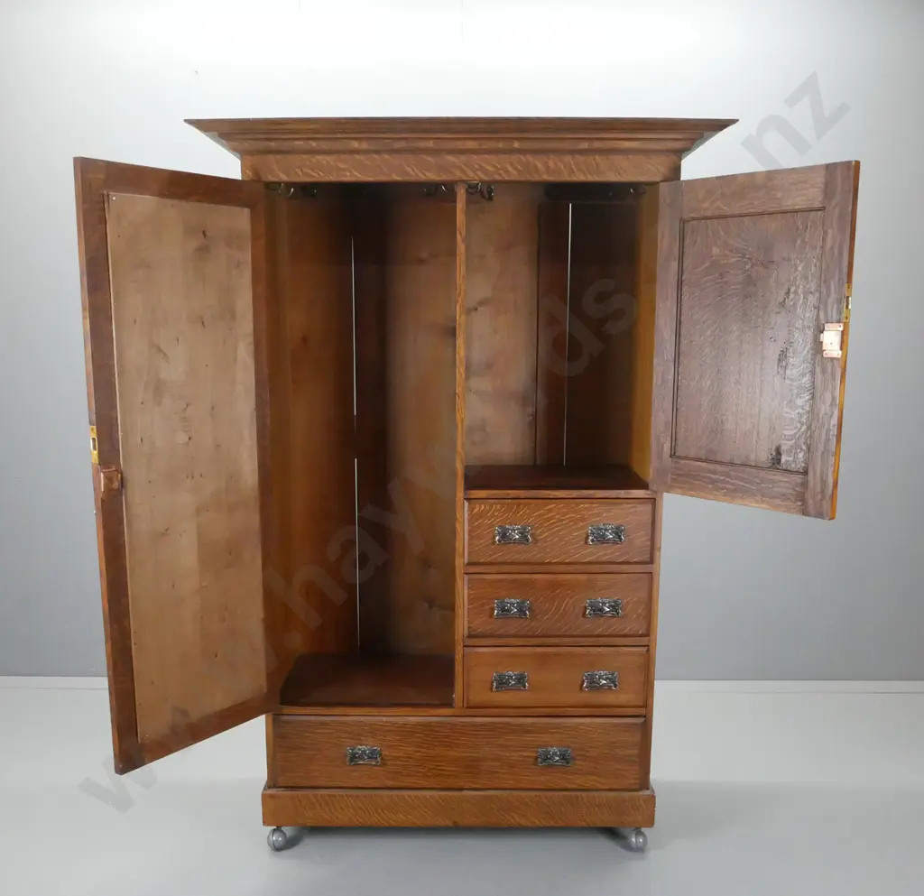 oak arts & crafts Beaconsfield style wardrobe - tall door with bevelled mirror, shirt cupboard with pressed metal Image 1++