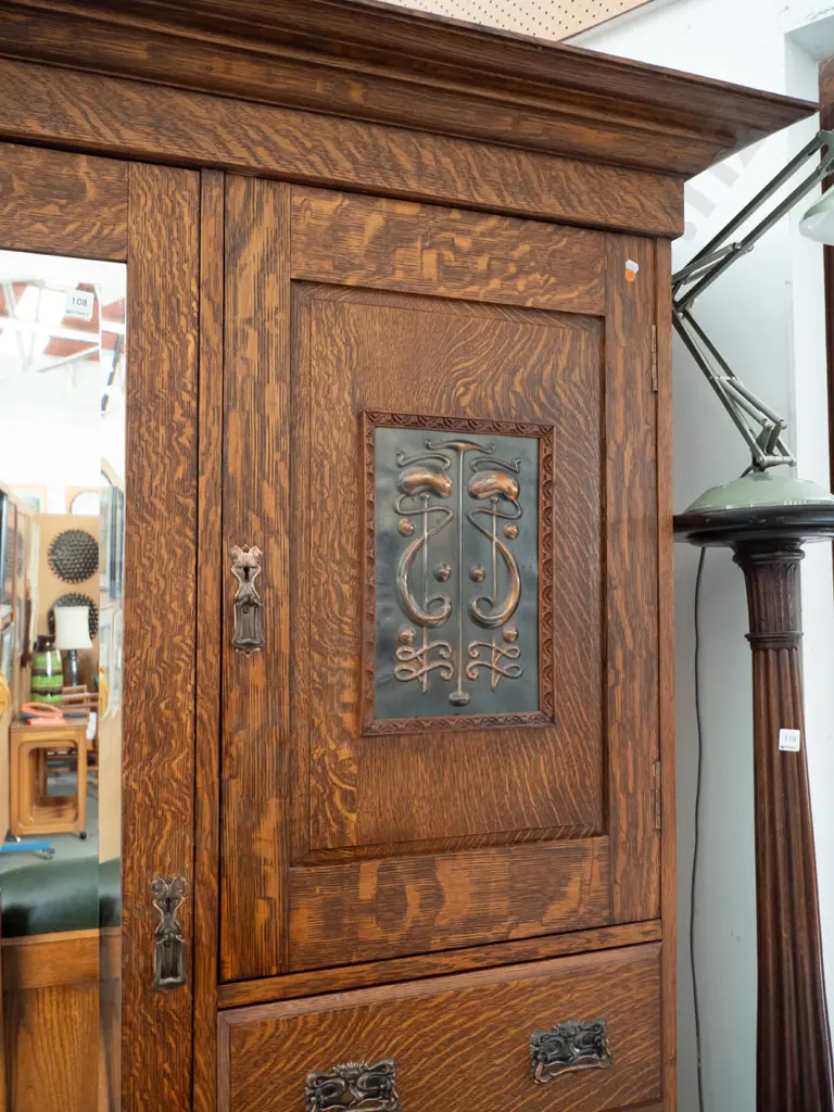 oak arts & crafts Beaconsfield style wardrobe - tall door with bevelled mirror, shirt cupboard with pressed metal Image 1++
