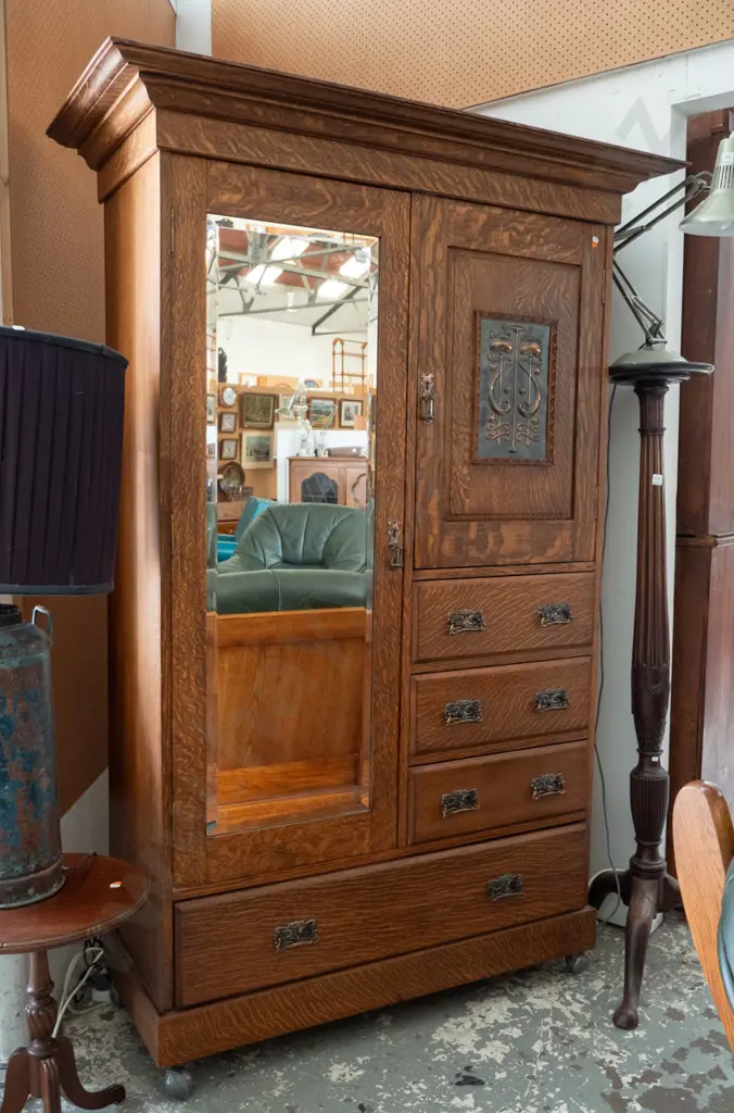 oak arts & crafts Beaconsfield style wardrobe - tall door with bevelled mirror, shirt cupboard with pressed metal Image 1++